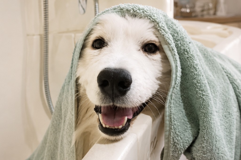 white dog with green towel in bath at Hound Pet Salon Kimberley — bath and dry grooming