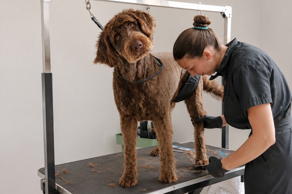 Groomer trimming chocolate doodle on table at Hound Pet Salon Kimberley