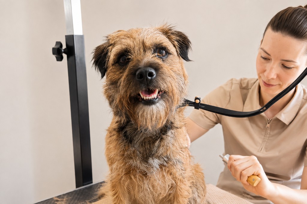 Hand stripping being performed on a Border Terrier at Hound Pet Salon, Kimberley