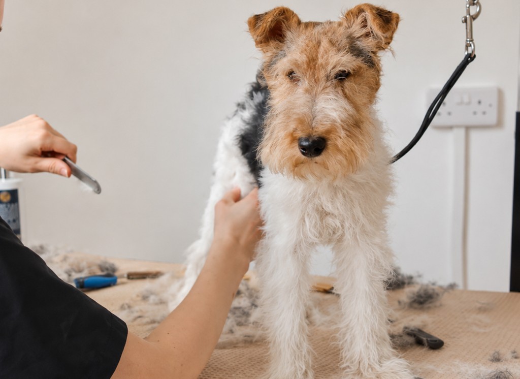 Maintenance hand stripping on a wire-coated terrier at Hound Pet Salon, Kimberley